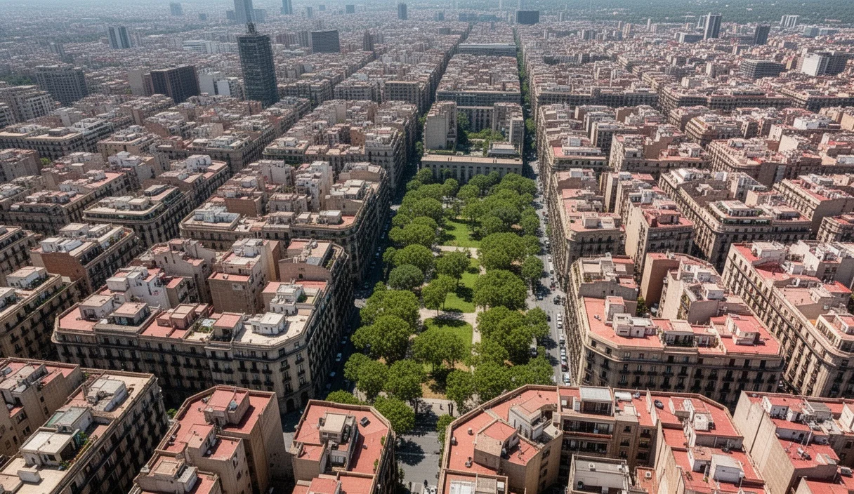 Aerial view showing dense urban landscape with minimal greenery under intense sunlight