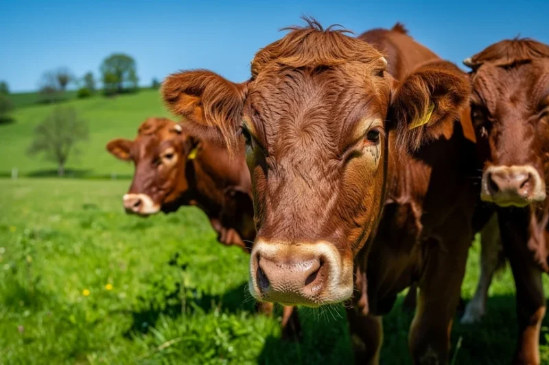 Ganado vacuno pastando en un prado verde bajo cielos despejados