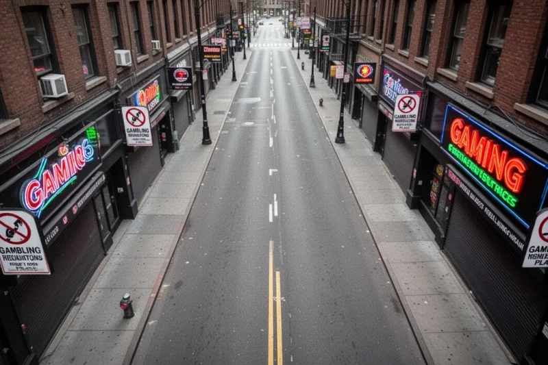 Closed casino exterior showing empty street and signage