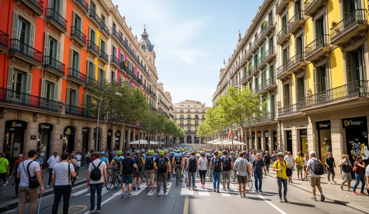 Vista animada de calles barcelonesas llenas de hoteles listos para recibir turistas