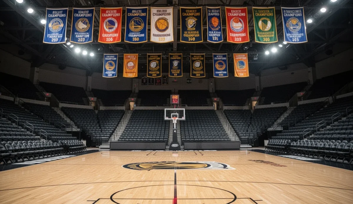 Cancha de baloncesto vacía con pancartas del campeonato colgando del techo