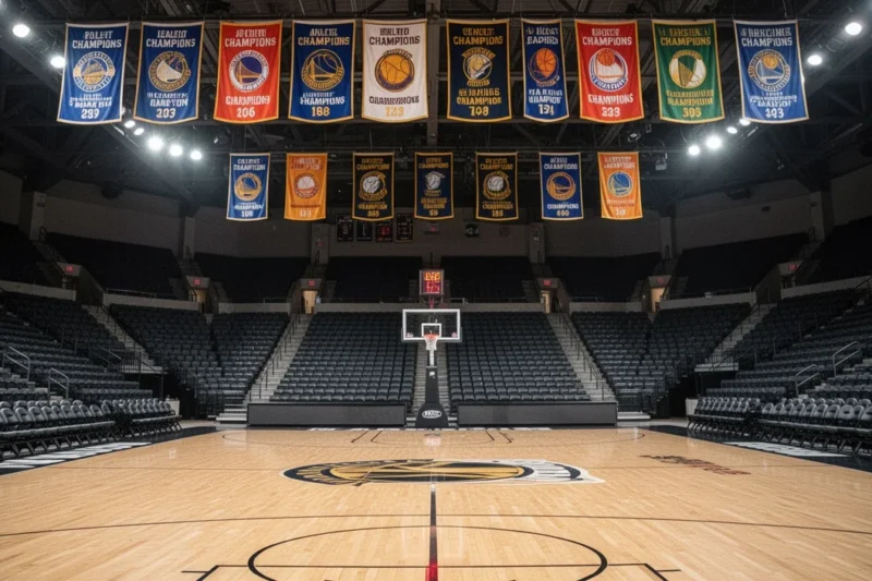 Interior view of an empty basketball arena prepared for finals with team banners