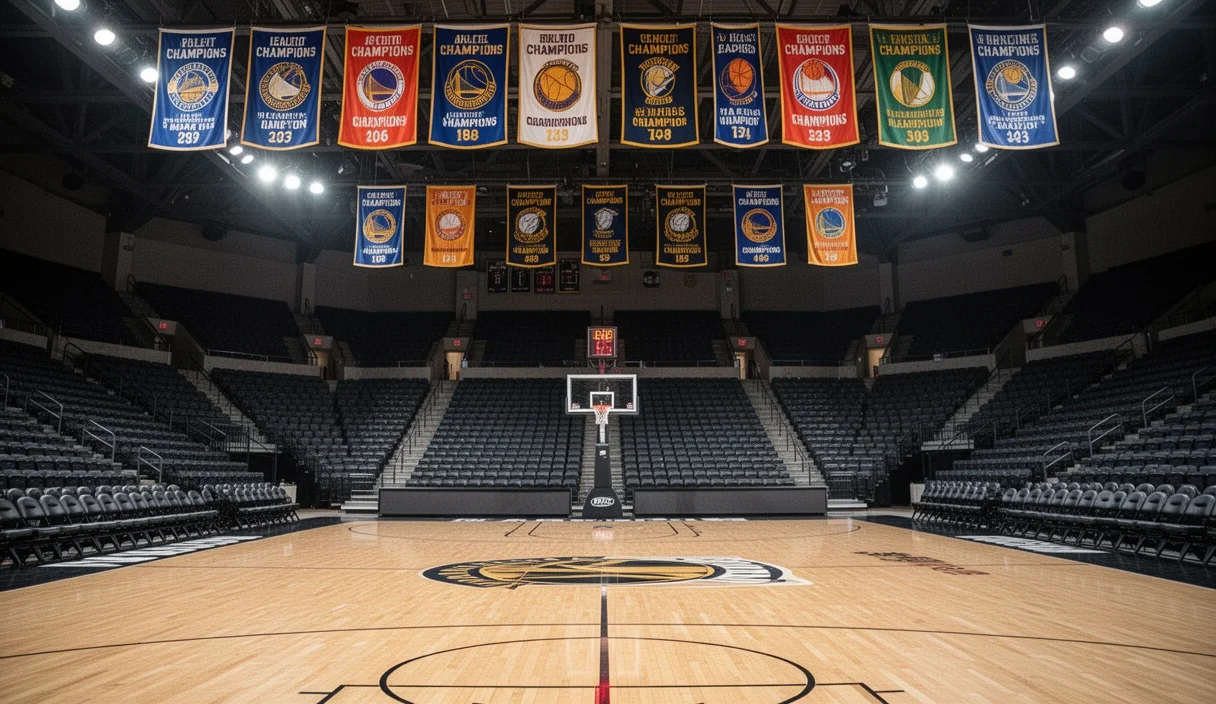 Interior view of an empty basketball arena prepared for finals with team banners
