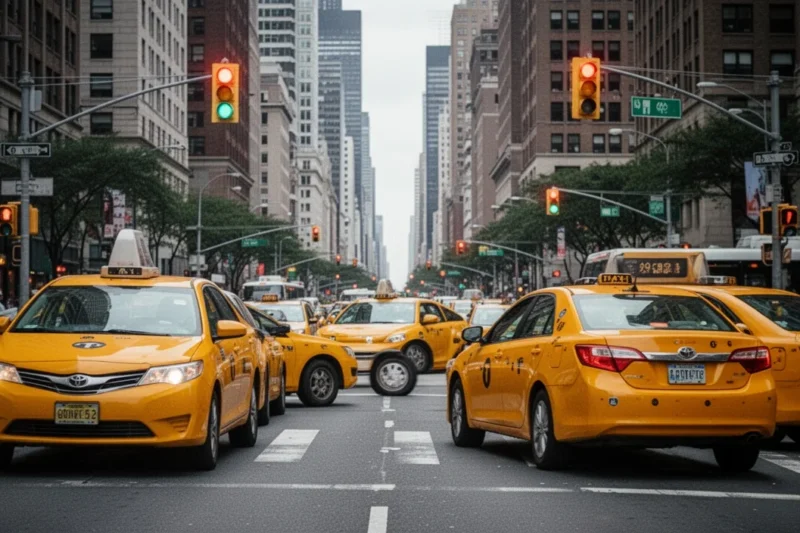 Vehículos taxi estacionados en un entorno urbano
