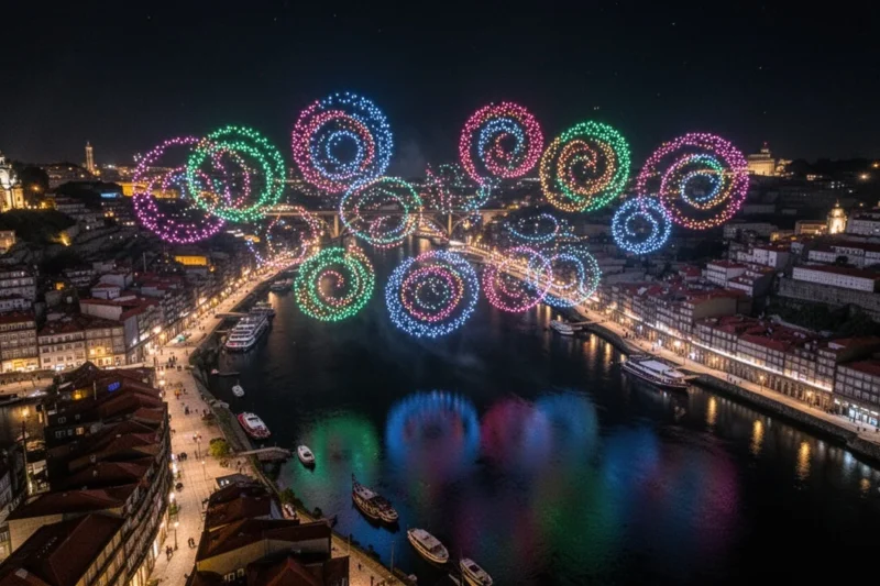Espectáculo aéreo nocturno con luces de drones sobre Oporto