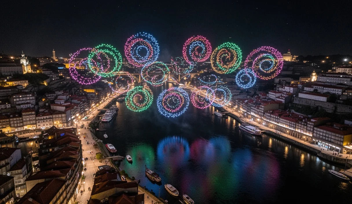 Aerial display of synchronized drones illuminating the night sky during an outdoor festival