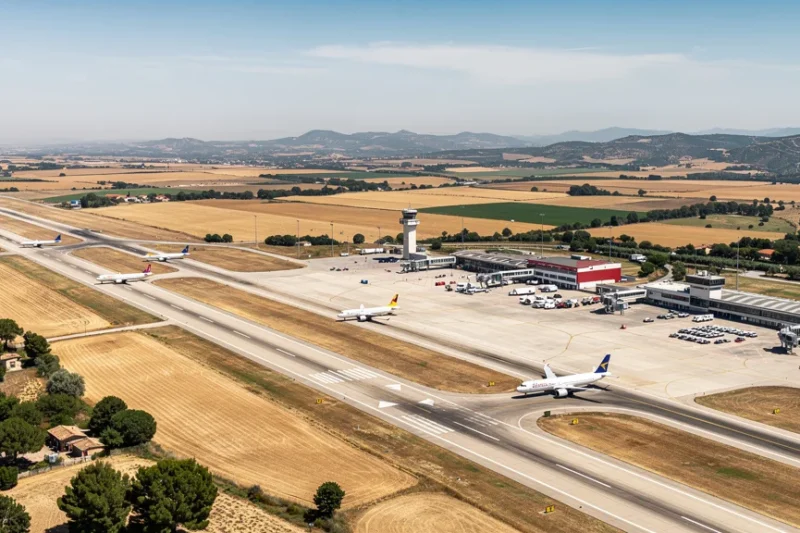 Vista aérea del aeropuerto Girona-Costa Brava con aviones en pista