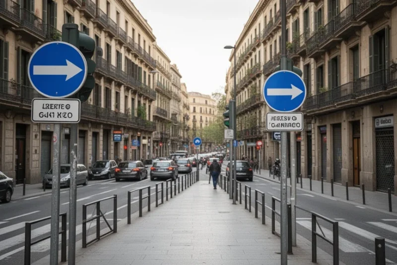 Vista urbana con señales viales y caminos peatonales en el distrito de Gracia
