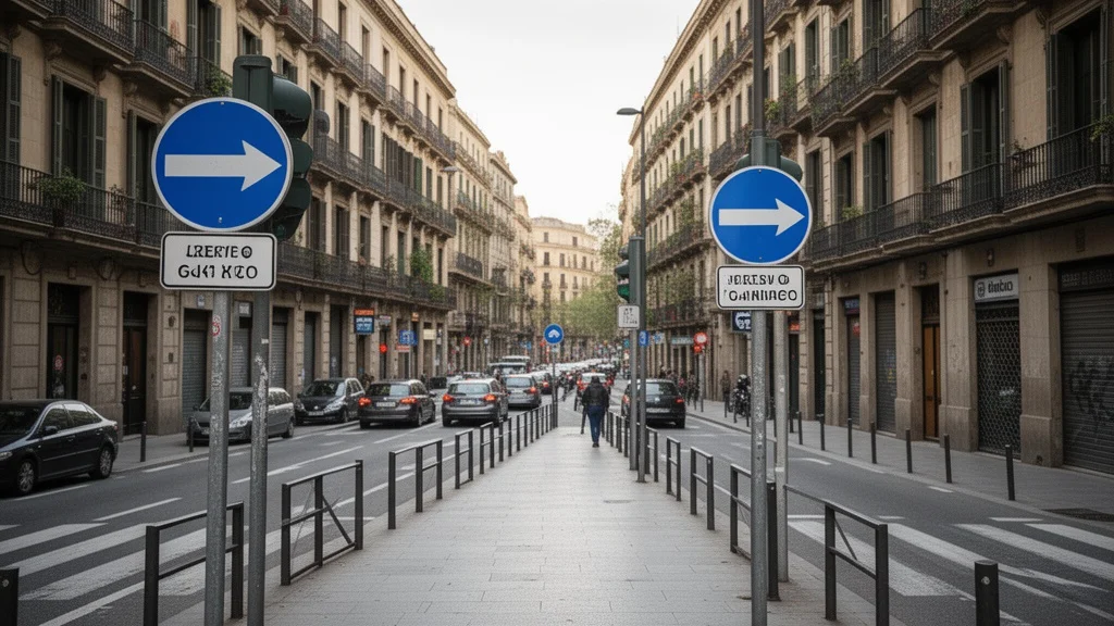 Vista urbana con señales viales y caminos peatonales en el distrito de Gracia