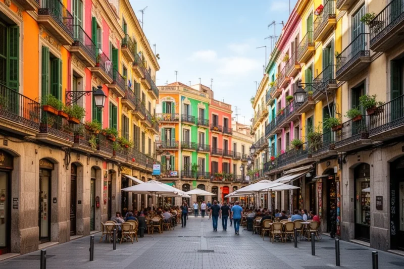 Vista colorida de una calle típica del barrio Gracia en Barcelona