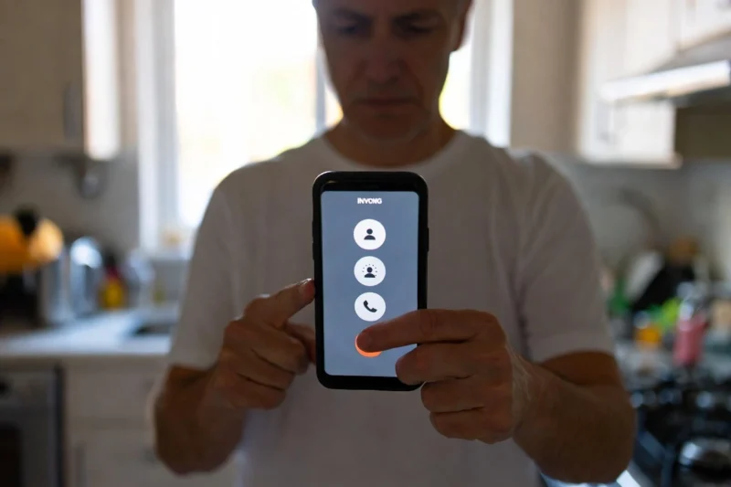 Persona recibiendo una llamada entrante de un número desconocido en su teléfono móvil