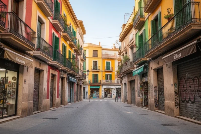 Barrio Rocafonda en Mataró con edificios coloridos y tiendas locales