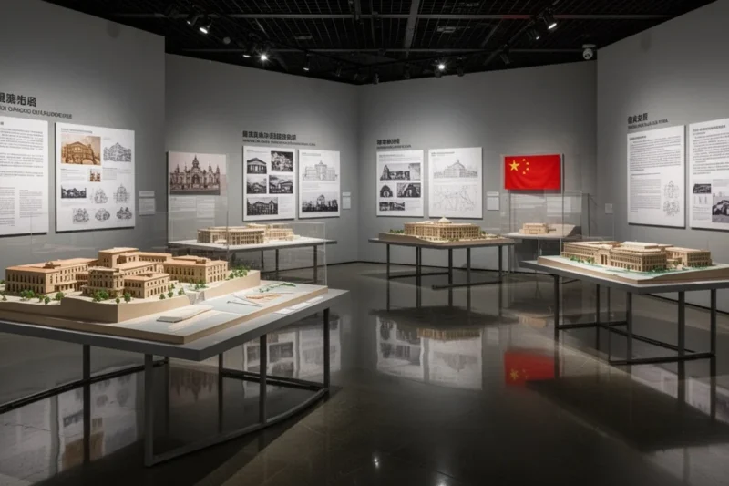 Espacio expositivo con modelos arquitectónicos representando España y China