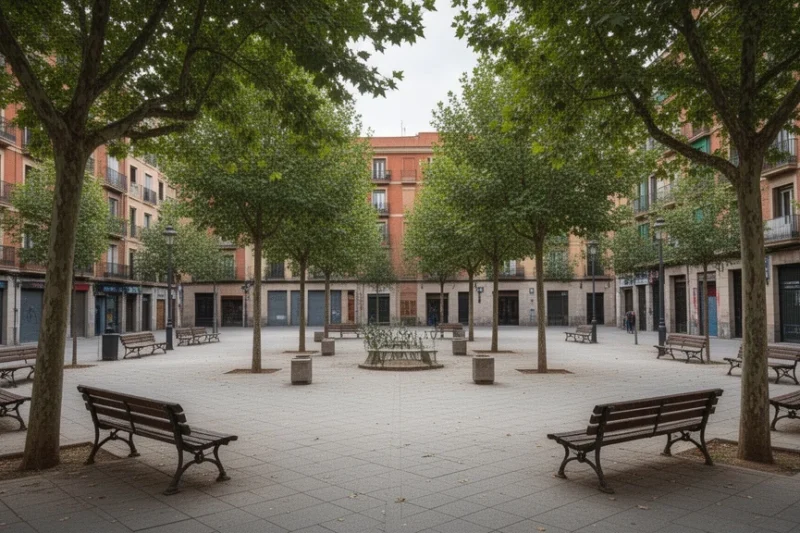 Plaza Maria Antònia Canals Tolosa decorada con árboles y bancos
