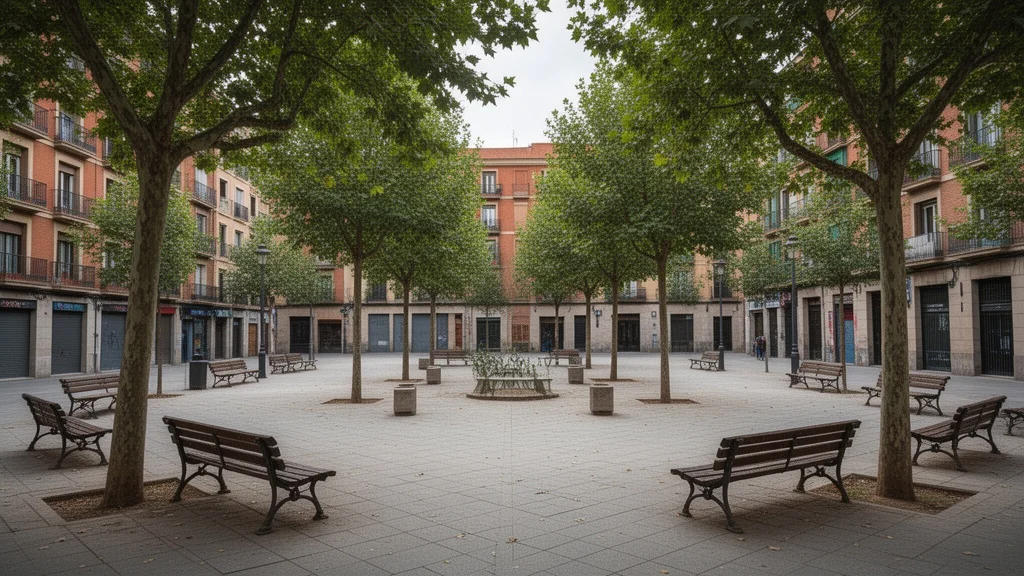 Plaza Maria Antònia Canals Tolosa decorada con árboles y bancos