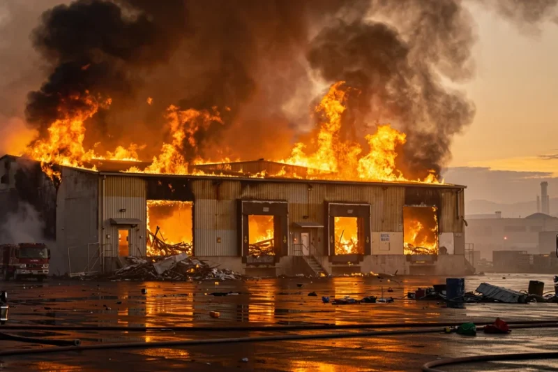 Edificio industrial envuelto en llamas con humo denso durante un incendio