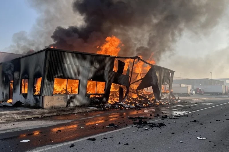Nave industrial ardiendo con humo denso durante un incendio