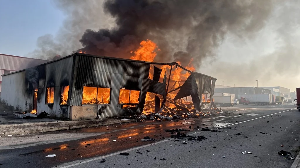 Nave industrial ardiendo con humo denso durante un incendio
