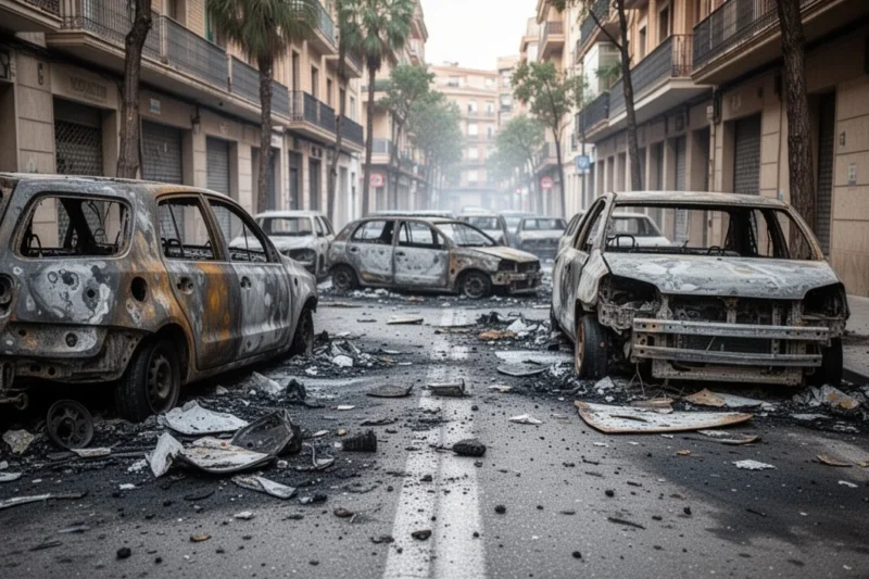 Escena post-incendio con vehículos quemados y escombros en una calle de Badalona