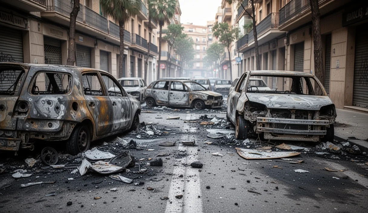 Burned vehicles and debris on an urban street after a fire incident
