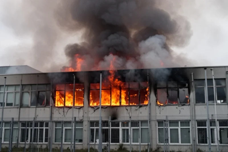 Exterior view of a research center affected by fire with smoke visible