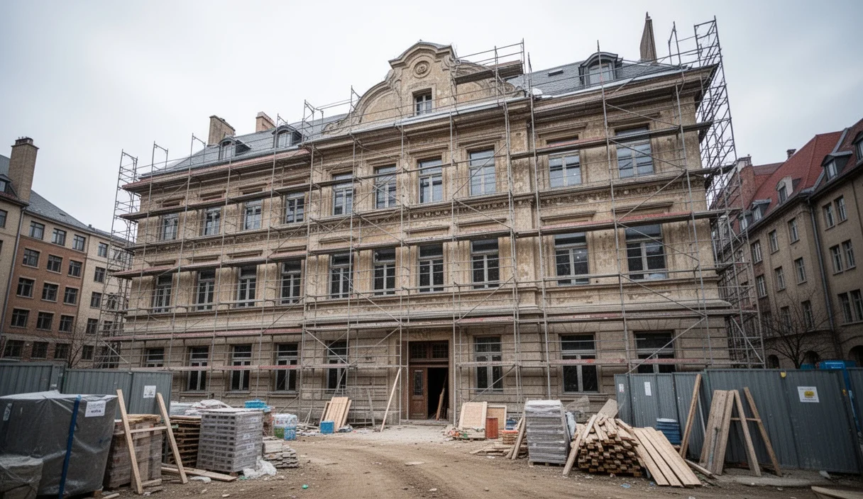 Scaffolding around the historic Santa Creu Hospital during renovation