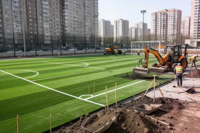 Aerial view of a football pitch undergoing renovation