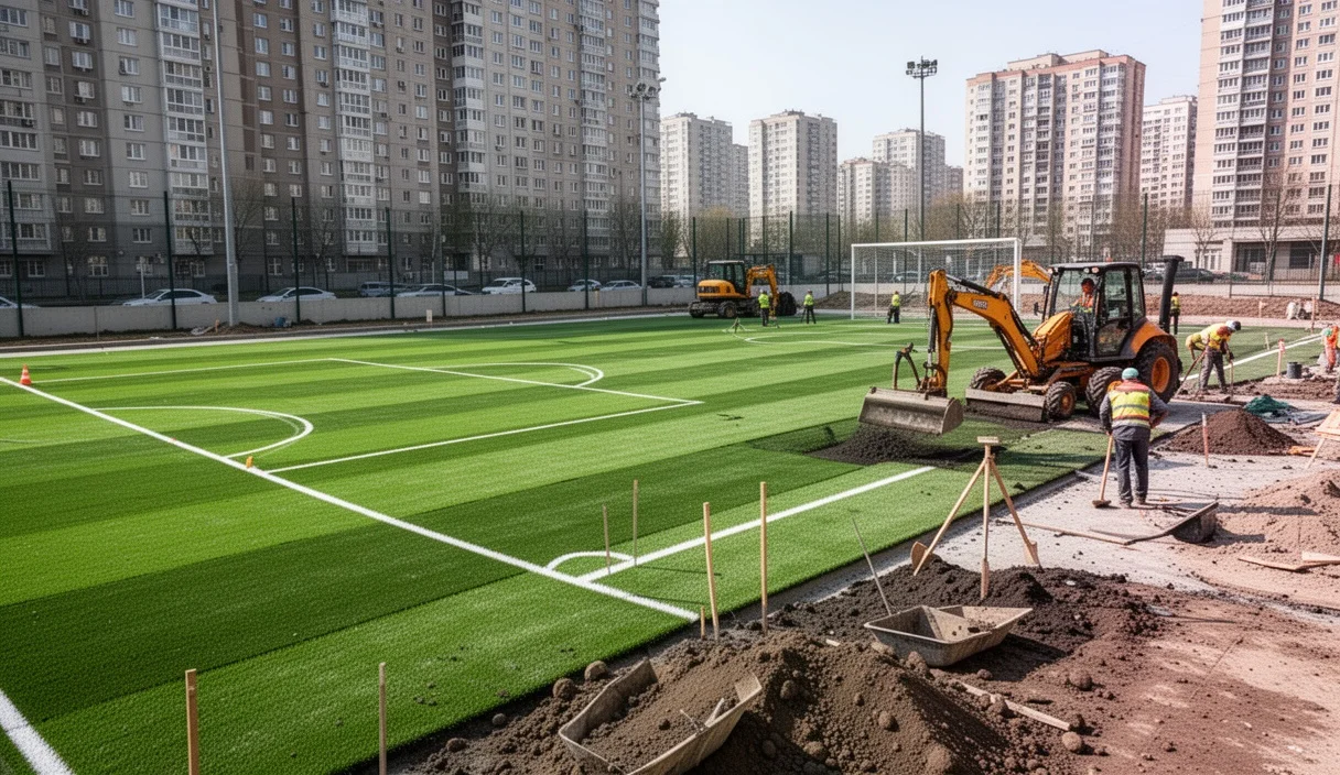 Aerial view of a football pitch undergoing renovation