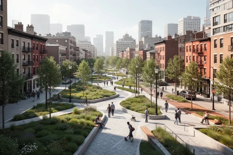 Urban street under construction with trees and new furniture being installed