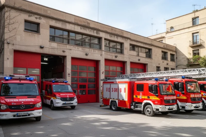 Estación de bomberos en Barcelona con vehículos estacionados durante el día