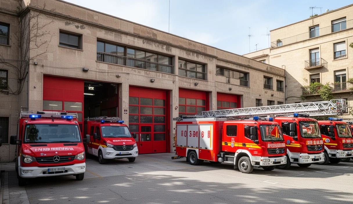 Fire station exterior in Barcelona showing emergency vehicles