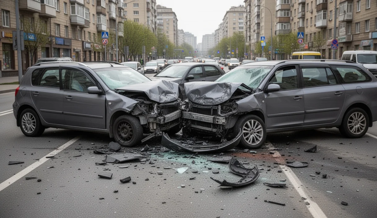 Accidente automovilístico con vehículos dañados en una calle urbana