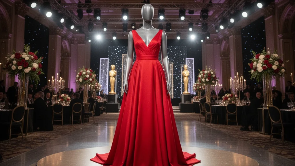 Vestido rojo elegante expuesto en una ceremonia premiando logros literarios.