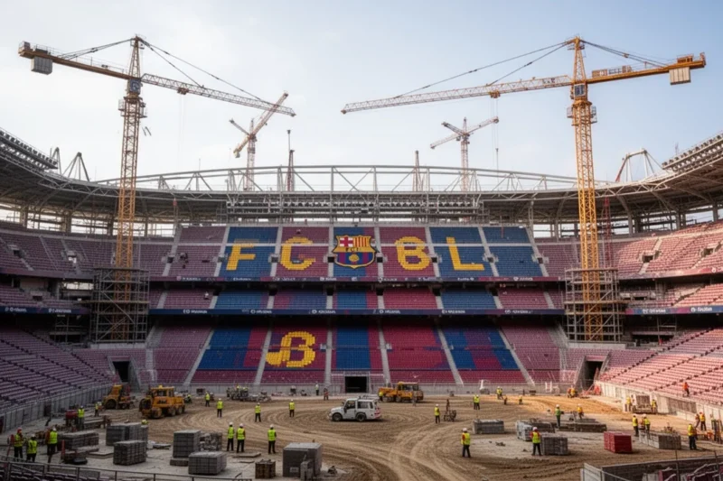 Renovation work at Spotify Camp Nou showing construction materials