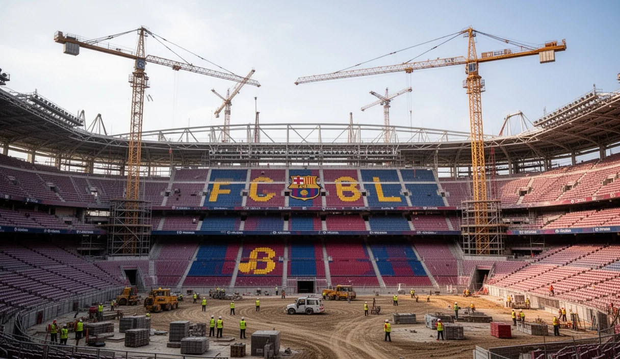 Estadio Spotify Camp Nou en construcción con grúas trabajando