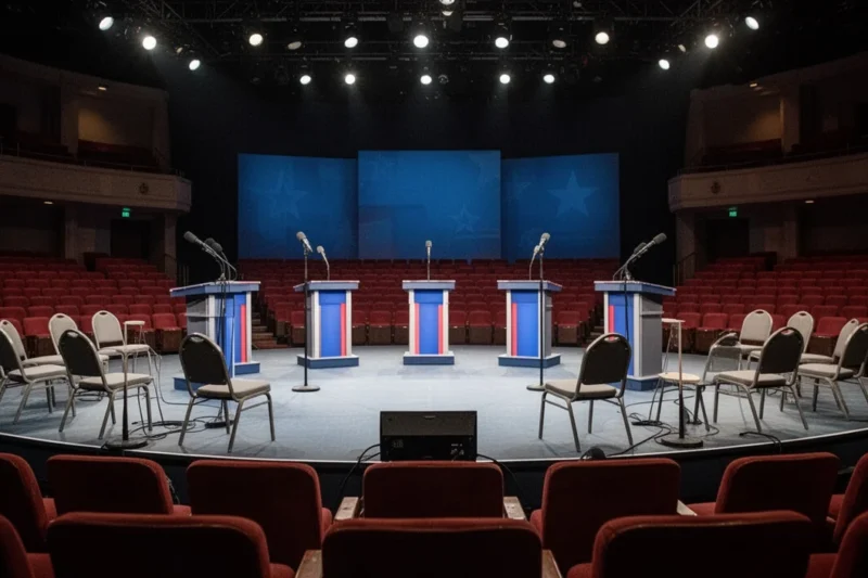 Escenario vacío preparado para un debate político en un auditorio
