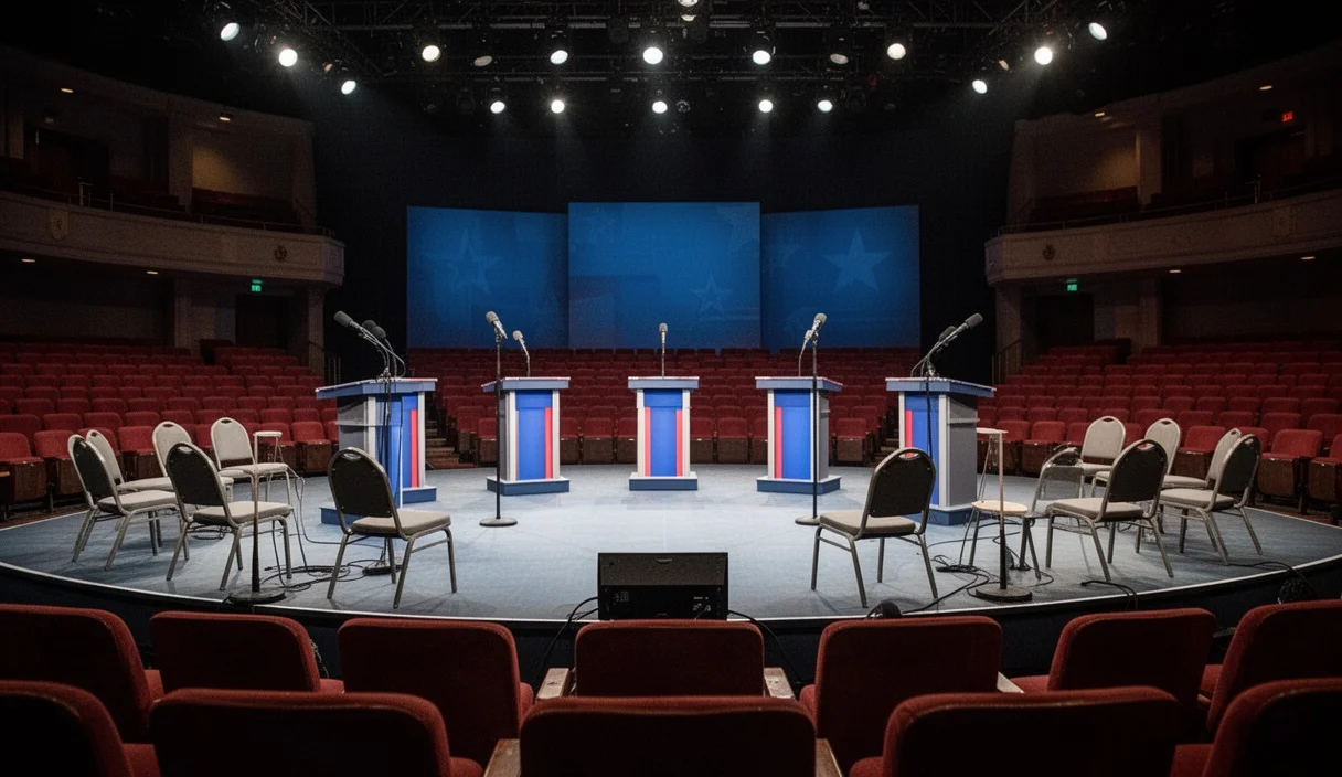 Escenario vacío preparado para un debate político en un auditorio