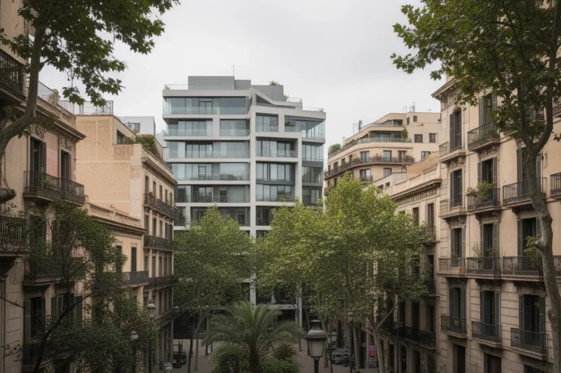 Vista urbana del barrio de Gràcia en Barcelona con arquitectura moderna y áreas verdes.