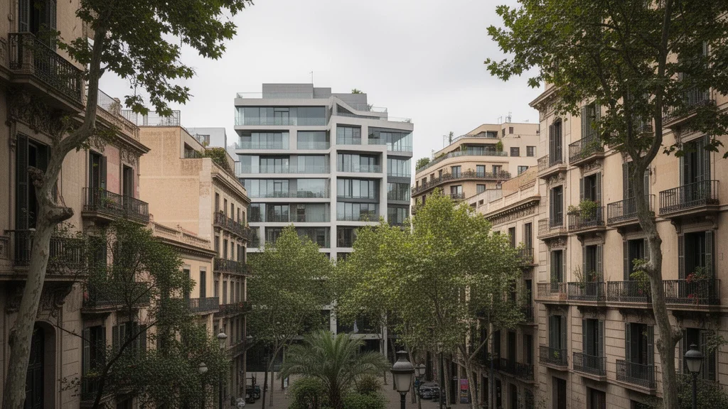 Vista urbana del barrio de Gràcia en Barcelona con arquitectura moderna y áreas verdes.