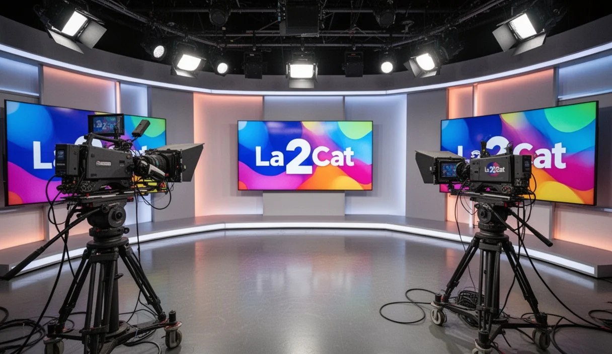 Estudio moderno de televisión con equipos y pantallas mostrando el logo de La 2Cat
