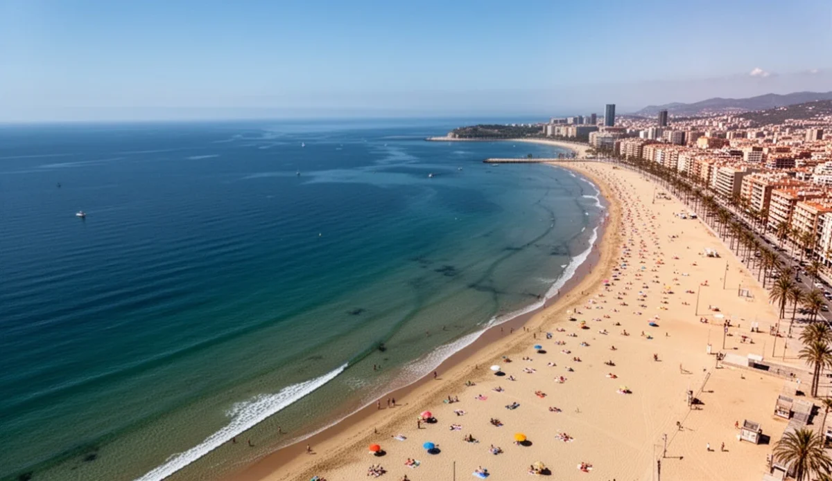 View of calm Mediterranean waters at Barceloneta beach under bright sunlight