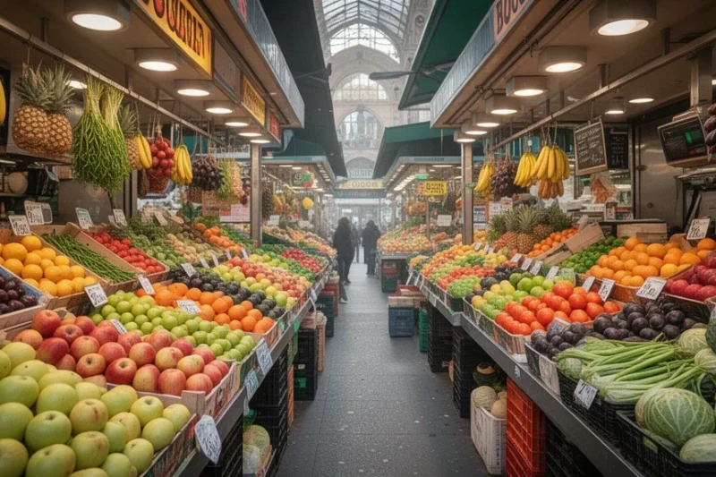 Vista colorida del mercado La Boqueria con productos frescos durante las primeras horas del día.