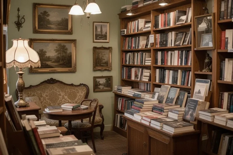 Interior acogedor de una librería con estanterías llenas de libros antiguos