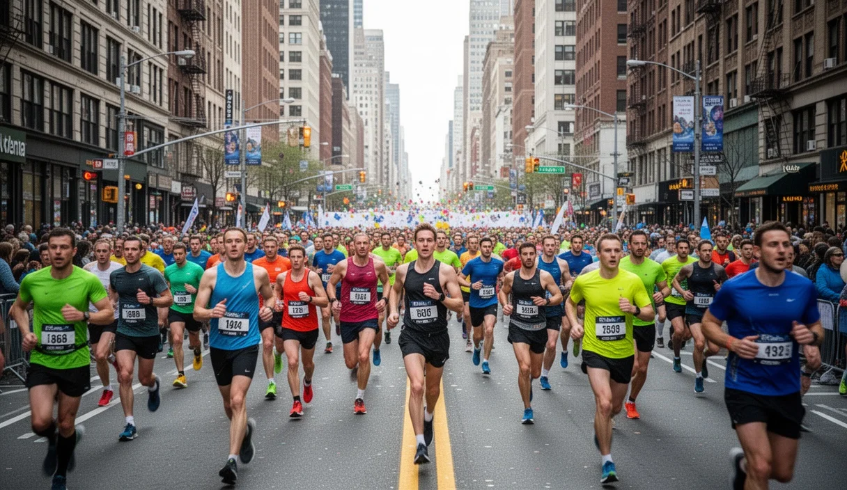 A bustling city street decorated for a marathon event with colorful banners