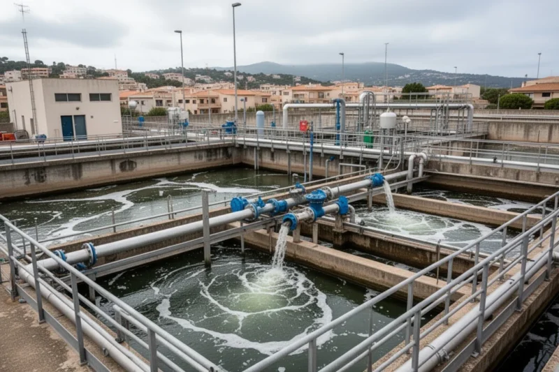 Modern wastewater treatment facility surrounded by greenery