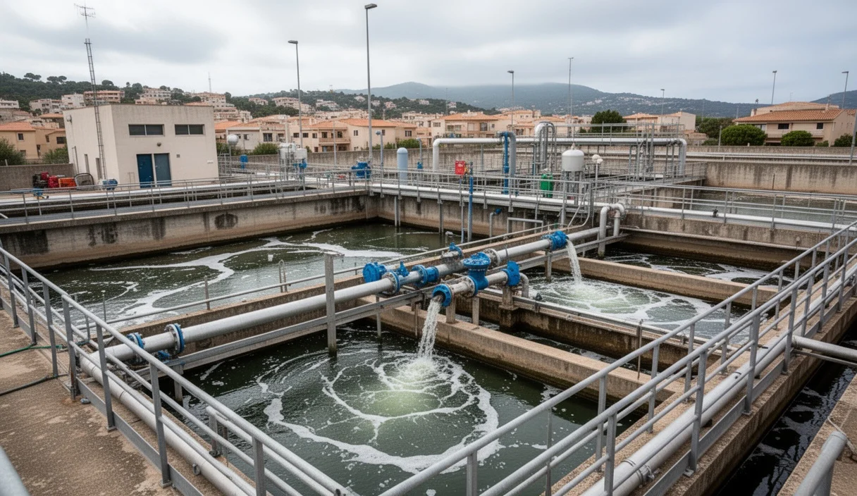 Modern wastewater treatment facility surrounded by greenery