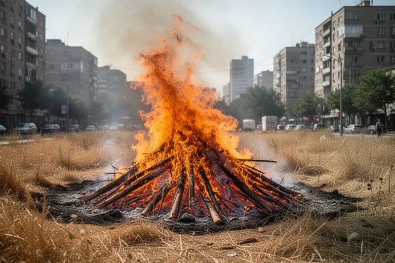 Hoguera rodeada de hierba seca durante una ola de calor