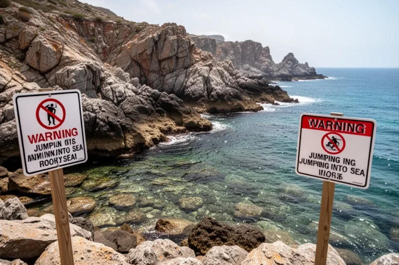 Costas rocosas con señales advirtiendo sobre saltos peligrosos al mar