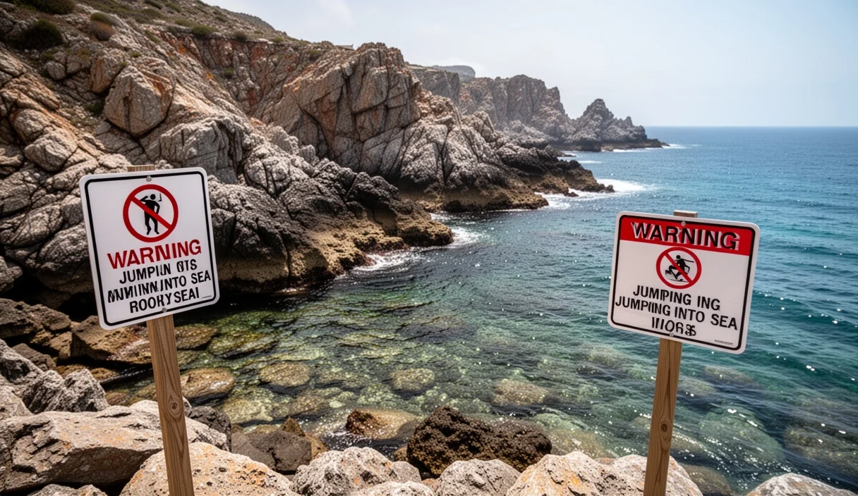Costas rocosas con señales advirtiendo sobre saltos peligrosos al mar