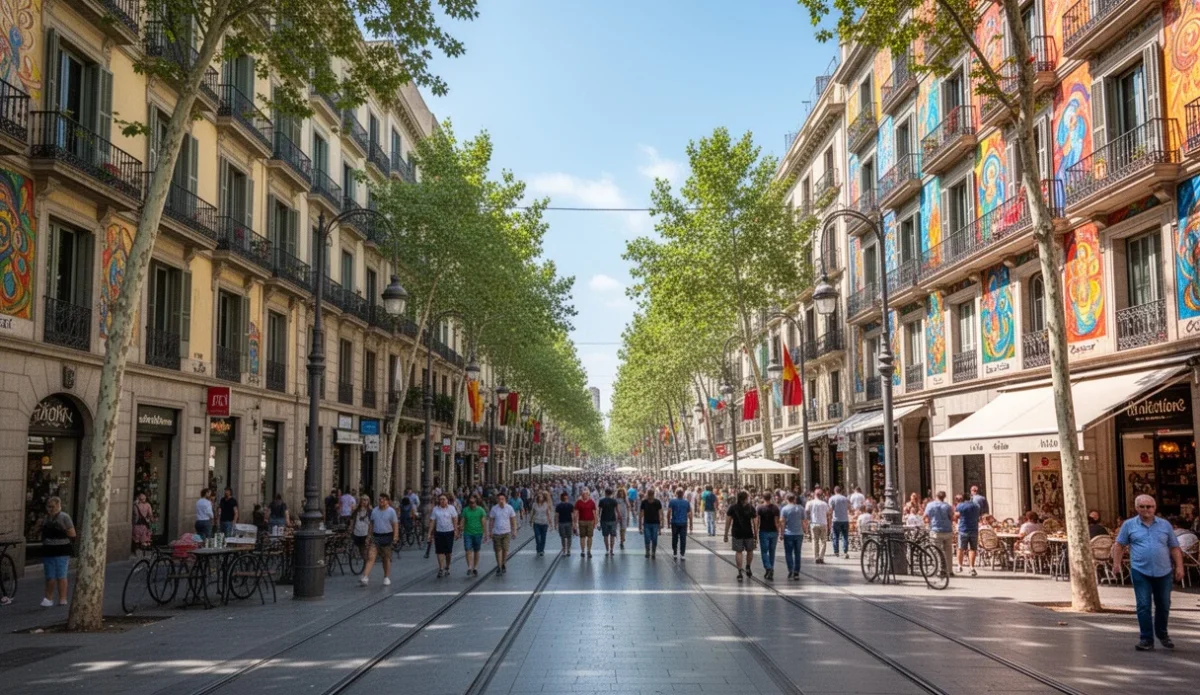 Vibrant scene along La Rambla in Barcelona featuring shops and cafes